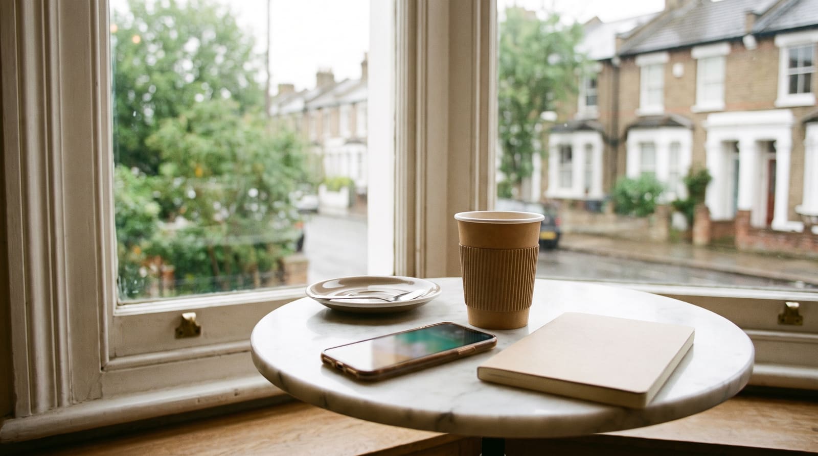 A café table by a bright window onto a leafy street: a takeaway coffee, a phone and a notebook