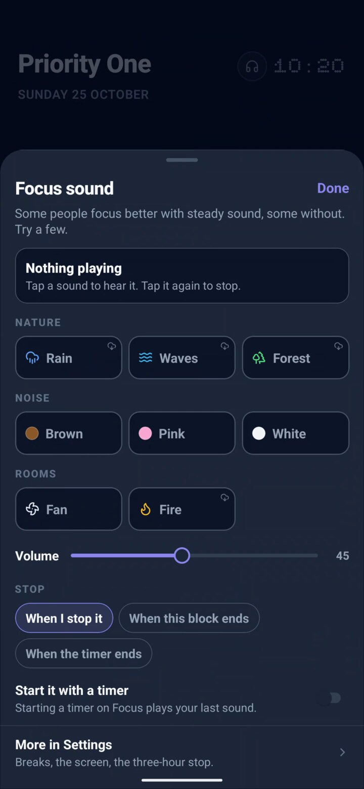 Focus sound: rain, waves and forest, three kinds of noise, a fan and a fire, with a volume slider
