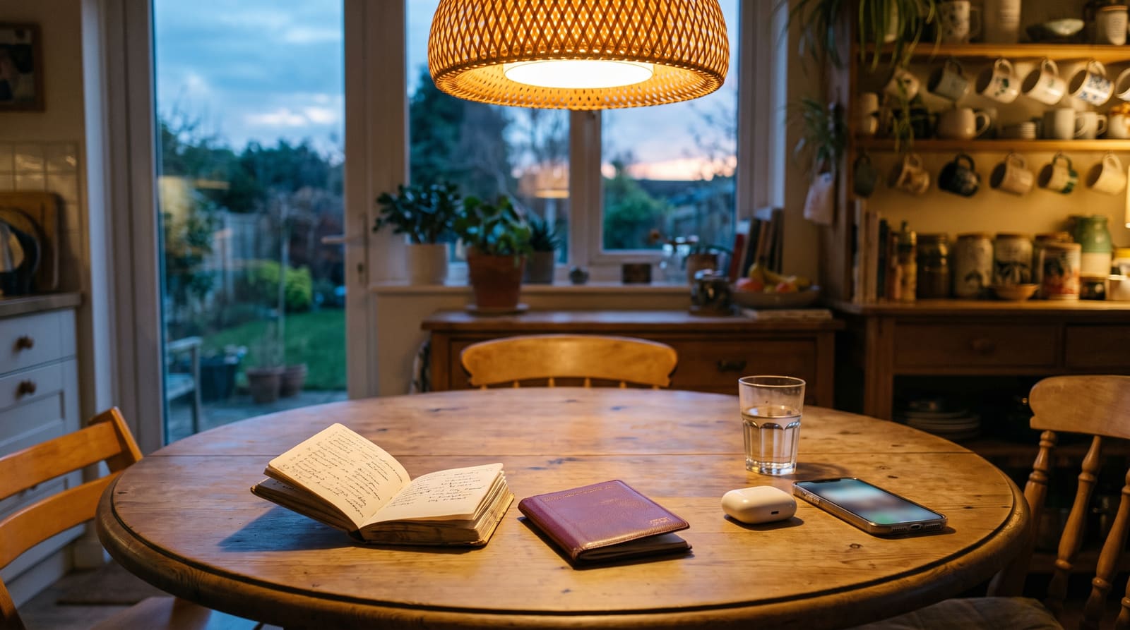 A kitchen table in warm evening light: a Spanish phrasebook open beside a passport, earbuds and a phone