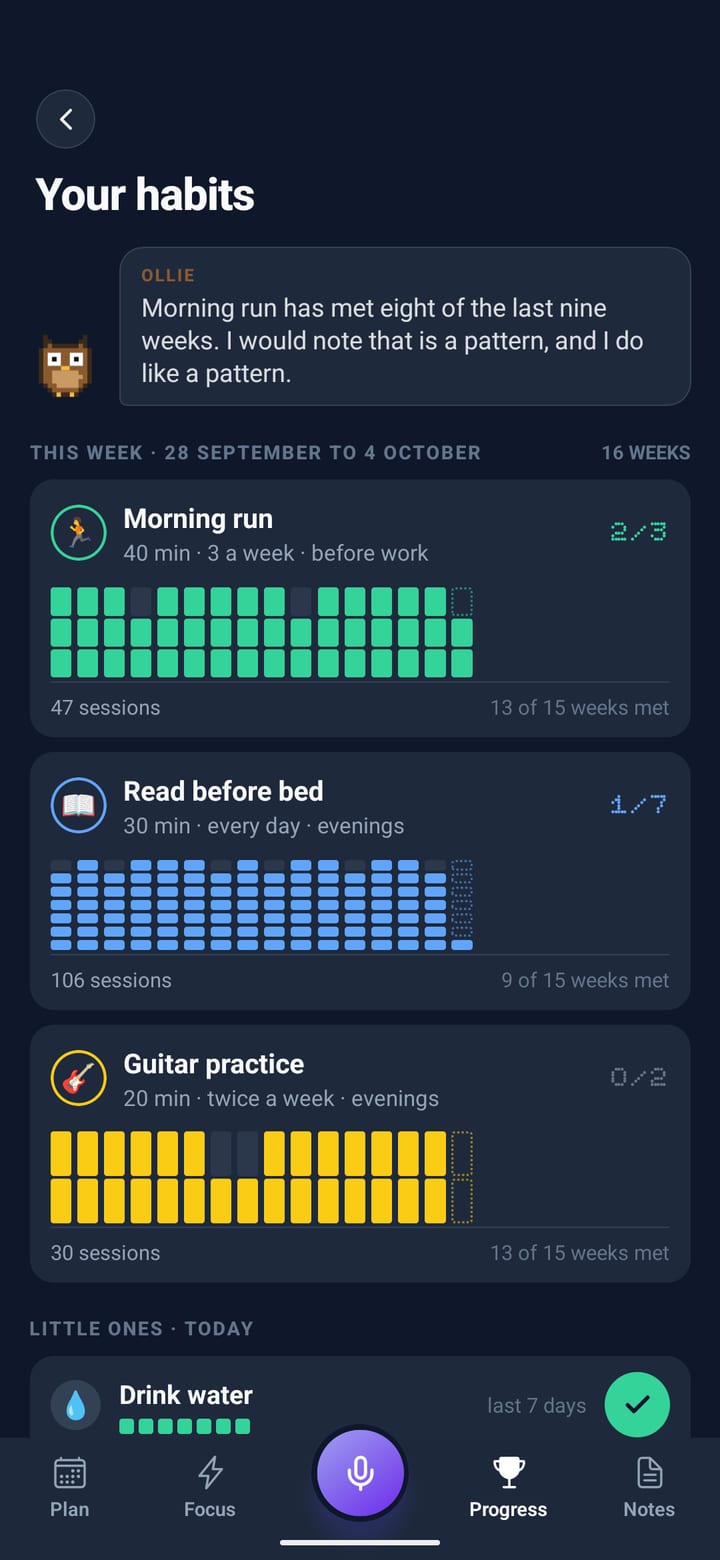 Your habits: sixteen weeks of coloured bars for each habit, and the little ones below