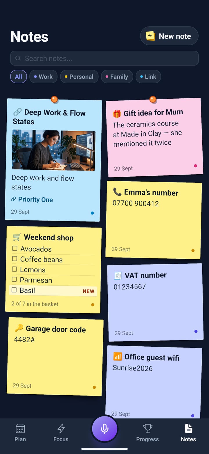 Notes as sticky notes in their colours: a shopping list, a gift idea, a phone number and a guest wifi code