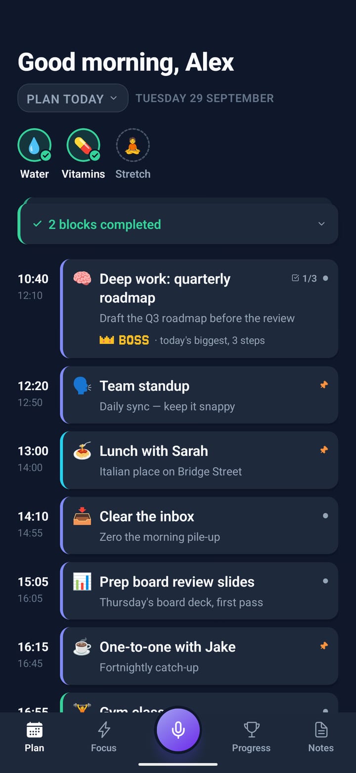 Today’s plan: blocks with their times, two blocks completed, and habit circles at the top
