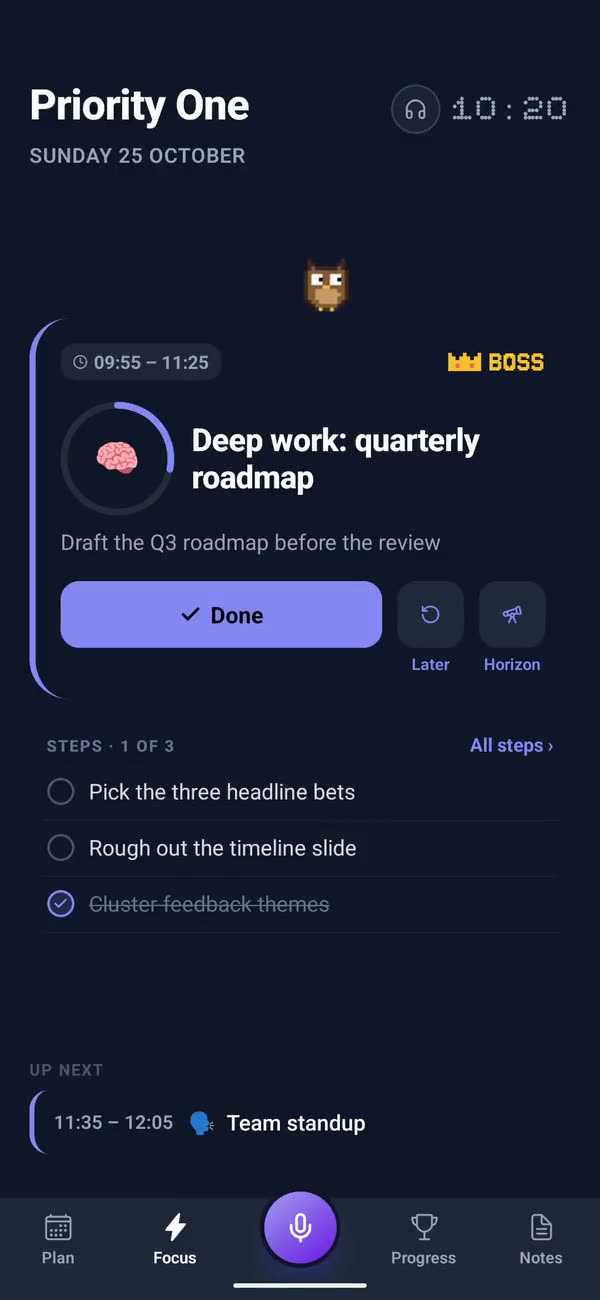 Focus: the deep work block with a BOSS badge, the owl wandering above it and the steps below