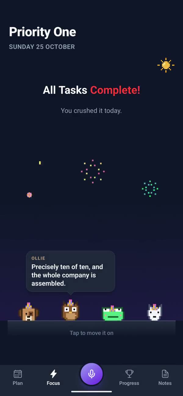 All tasks complete: the companions walk in under pixel fireworks, and the owl notes the whole company is assembled