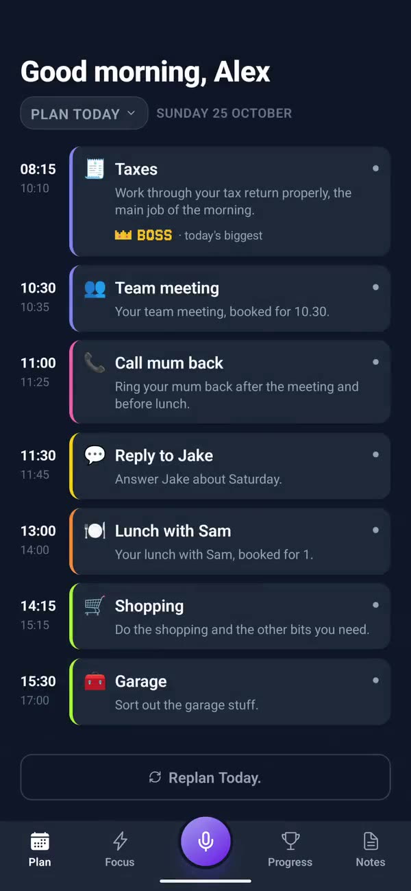 Your words played back with the tasks picked out, Busy mind, then the plan: the taxes first, the team meeting and lunch with Sam at their times