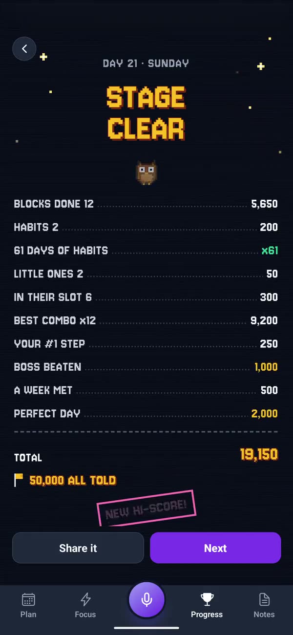 Stage clear: the day’s tally counting up in pixel type to 19,150, and NEW HI-SCORE