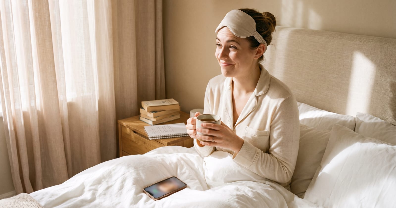 A smiling woman sitting up in a bright bedroom with a cup of tea, a sleep mask on her head and morning light through linen curtains