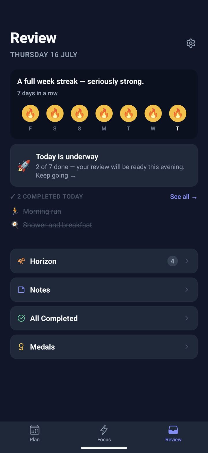 The Review screen with streak and today's completed tasks